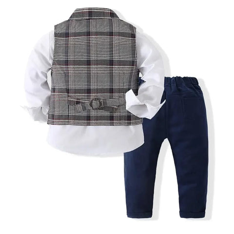 3pcs Boys' Formal Suit Set - Blend Plaid Waistcoat with Lapel Collar, Long Sleeve Shirt & Solid Blue Pants SD6106D