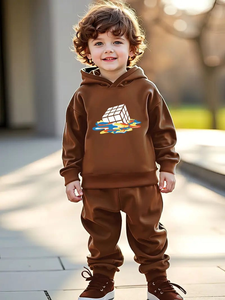 Brown Boys Winter Fashion Trendy Colorful Square Print Hoodie Sweatshirt, Hoodie & Long Pants 2 Pcs Set TS6043