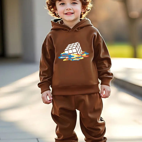 Brown Boys Winter Fashion Trendy Colorful Square Print Hoodie Sweatshirt, Hoodie & Long Pants 2 Pcs Set TS6043