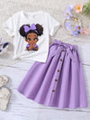 Youngsters' Cartoon Pattern Printed Short Sleeve and Waistband Front Skirt FD6108F