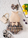 Baby's Stylish Suit Halter Top & Layered Plaid Skirt & Headband Set Outdoor Set BS6101H