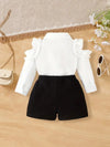 Girls' Summer Outfit - White Long Sleeve Ruffle-Sleeve Shirt with Bow Tie & Black Shorts, Casual Polyester Knit Fabric with Elastane, Solid Color 2pcs Set FD6124E