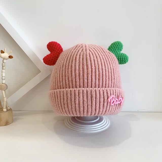 T. Pink Winter Baby Children Double Love Cuffed Knitted Woolen Warm Cap CP5070F