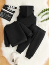Black Boys Hoodie Set with Zipper, Casual Knit Fabric, Alphabet Pattern, Polyester 100%, Non-Stretch, Regular Fit, 3 Pcs Set TS6041