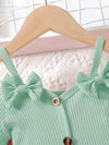 Green 2Pcs Set for Girls in Summer with Bow Embellishment, Creative Suspender Top with Exposed Shoulders and Short Sleeves + Romantic Floral Print Bell-Bottom Pants FD6122I