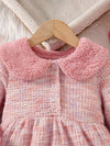 Adorable Girls' Pastel Pink Fluffy Collared Dress - Sweet & Cute, Stretchy Polyester Blend, Perfect for Spring/Fall, Casual Style with Ribbon Detail, Girls Dress FD6127C