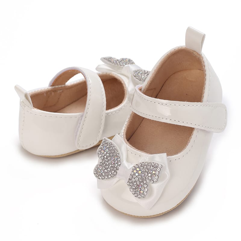 White Fashionable Baby Girl's Bow with Rhinestone Decor Rubber Anti-Slip Soft Sole Shoes SH7125C