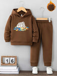 Brown Boys Winter Fashion Trendy Colorful Square Print Hoodie Sweatshirt, Hoodie & Long Pants 2 Pcs Set TS6043