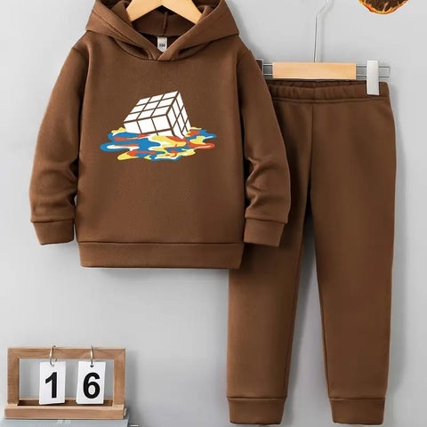 Brown Boys Winter Fashion Trendy Colorful Square Print Hoodie Sweatshirt, Hoodie & Long Pants 2 Pcs Set TS6043