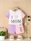 2 Baby Girl Casual "I LOVE MOM" Printed Hooded Tops + "I LOVE DAD" Printed Shorts Children's Summer Outfit Set, Perfect for Outdoor FD6127G