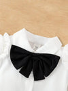 Girls' Summer Outfit - White Long Sleeve Ruffle-Sleeve Shirt with Bow Tie & Black Shorts, Casual Polyester Knit Fabric with Elastane, Solid Color 2pcs Set FD6124E