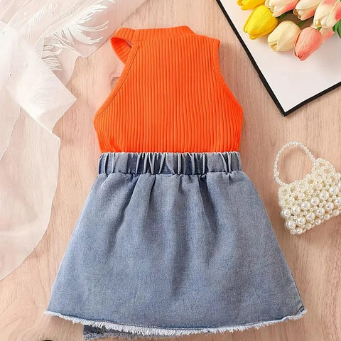 Summer Casual Skirt And Ribbed Top Set for Toddler Girls - Solid Color, Knit Fabric, Polyester 100% - Fashionable Shoulder-Baring Sleeveless Top with Vintage Button Detail And Elastic Waist Skirt, for Outdoor FD6121A