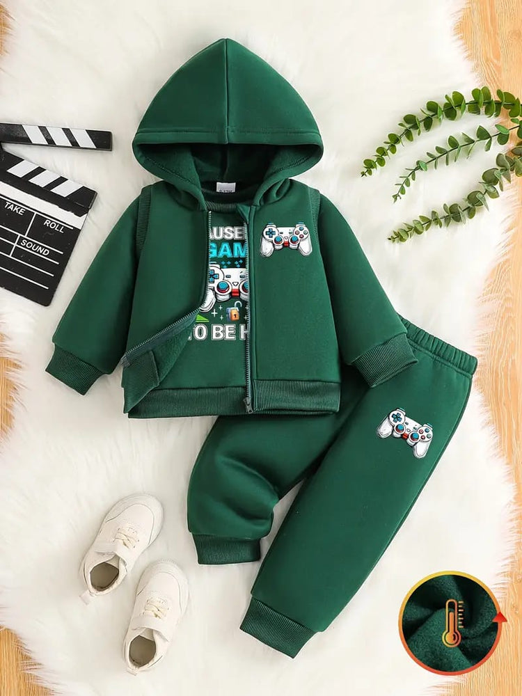 Green Boys Hoodie Set with Zipper, Casual Knit Fabric, Alphabet Pattern, Polyester 100%, Non-Stretch, Regular Fit, 3 Pcs Set TS6040