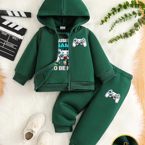 Green Boys Hoodie Set with Zipper, Casual Knit Fabric, Alphabet Pattern, Polyester 100%, Non-Stretch, Regular Fit, 3 Pcs Set TS6040