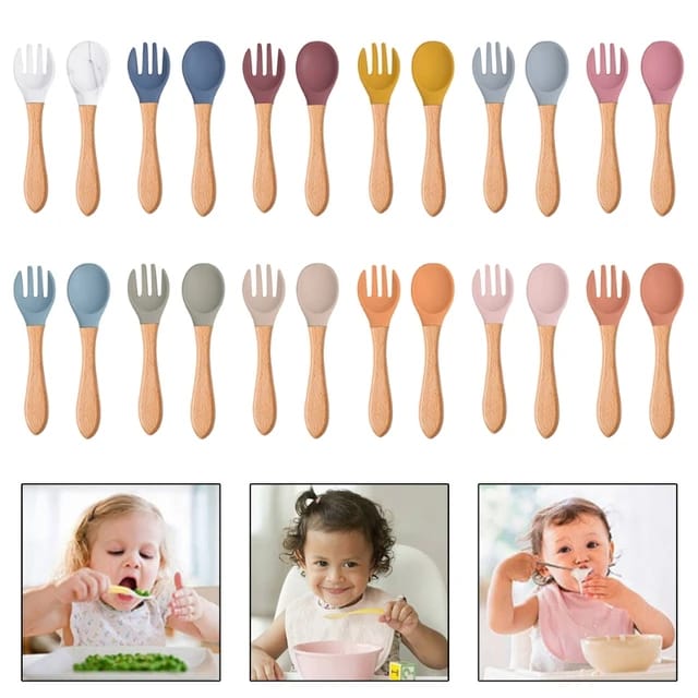 Pink Baby Spoon Fork 2 Pc Set Children's Silicone Wooden Feeding Training Set FS105D