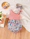 2pcs Baby Girl Summer Outfit Set, Sleeveless Floral Patchwork Bodysuit with Matching Bow Headband BS6101E
