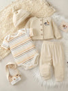 4-Piece Set, Boys' Cartoon Giraffe Cotton Pants Outfit, Long Sleeve, Air Cotton, Casual Round Neck, Stretch Knit, Regular Fit BS6098D
