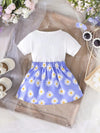 Girls' Summer Daisy Print Pleated Skirt Set, Casual Polyester Knit Fabric with 3D Bow Detail, Elegant Ladylike Outfit for Baby Girls, for Outdoor FD6127A