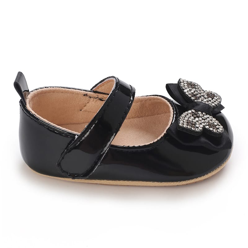 Black Fashionable Baby Girl's Bow with Rhinestone Decor Rubber Anti-Slip Soft Sole Shoes SH7125A