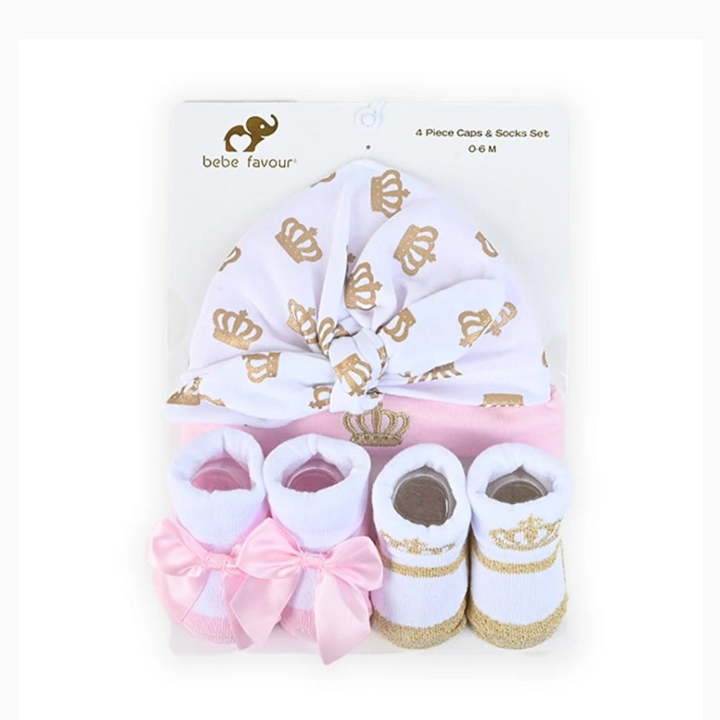 BF White & Pink 4 Pieces Caps & Socks Set CP5013F