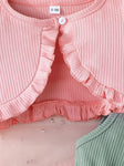 Charming Girls' Pink Cardigan with Ruffled Sleeves & Floral Mesh Dress Set - Polyester Blend, Casual Style with Bow Detail, Perfect for Spring/Summer, Baby Girl Apparel FD6121I