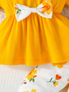 2pcs Set for Girls with Short Sleeves and Bow Top + Floral Print Pants, Perfect for Outdoor FD6125B
