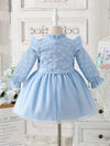 2 Pcs Sky Blue Girls' Summer Starfish Flower Small Flying Sleeve Jacket with Bow Net Tulle Pompom Dress Set FD6042B