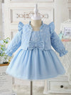 2 Pcs Sky Blue Girls' Summer Starfish Flower Small Flying Sleeve Jacket with Bow Net Tulle Pompom Dress Set FD6042B