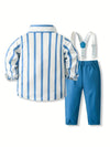 2pcs, Striped Button Up Shirt With A Bow Tie, And Suspender Pants For Baby Boys SD6106G