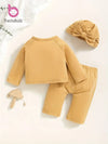 2pcs Set for Newborns Features a Simple And Comfortable Outfit, with a Long-Sleeve Open-Front Top Paired with Matching Color Pants, Complete with a Large Bow Hat BS6098E