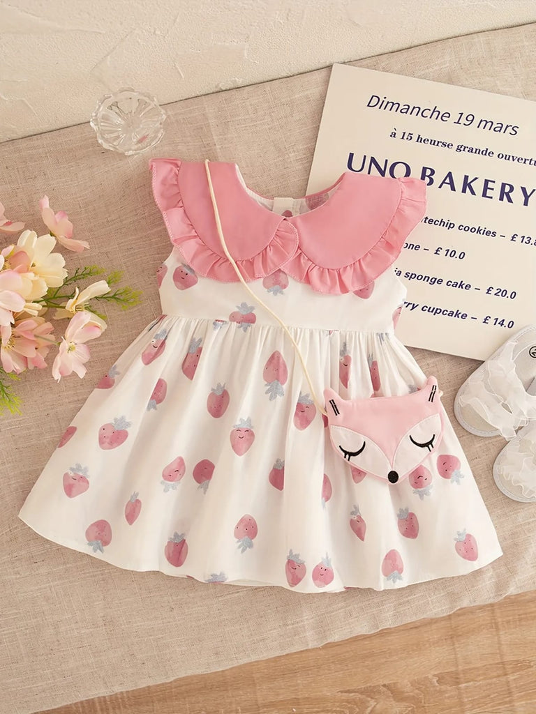 2pcs set of summer girl doll collar strawberry print sleeveless dress and fox pendant cute and sweet daily dress for girls FD6121F