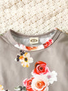 A Set of Two Cute Girl Floral Print Tops with Ruffled Long Sleeves And Round Neck, Paired with Light-Wash Blue Drawstring Cuffed Jeans Featuring a Floral Tie Design FD6139F