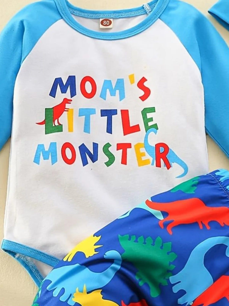 Boys' 3pcs Set: 'Mom's Little Monster' Long Sleeve Onesie, Dinosaur Print Pants & Stylish Hat - Perfect for Spring/Fall BS6044