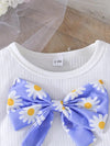 Girls' Summer Daisy Print Pleated Skirt Set, Casual Polyester Knit Fabric with 3D Bow Detail, Elegant Ladylike Outfit for Baby Girls, for Outdoor FD6127A
