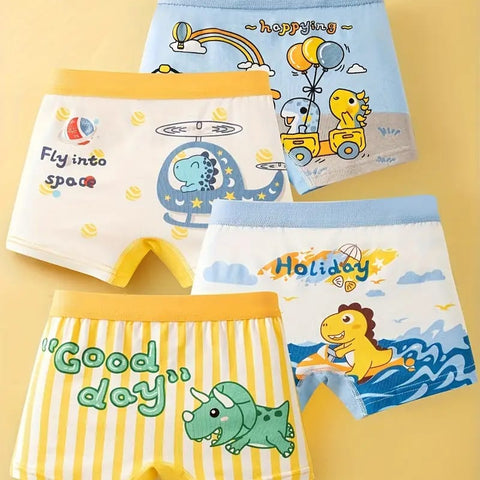 4pcs Children's Boxer Briefs Boys Cute Cartoon Dinosaur Car Pattern Print Bottoming Underwear Soft Comfy Breathable Kids Shorts For All Seasons US6113B