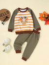 Baby and Children's Spring and Autumn Casual Sweatshirt Thanksgiving Embroidered Turkey Print Patchwork Color Sweatshirt and Pants Set TS6147H