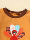 Baby and Children's Spring and Autumn Casual Sweatshirt Thanksgiving Embroidered Turkey Print Patchwork Color Sweatshirt and Pants Set TS6037E
