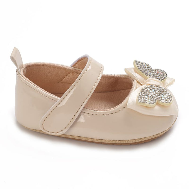 Cream Fashionable Baby Girl's Bow with Rhinestone Decor Rubber Anti-Slip Soft Sole Shoes SH7125E