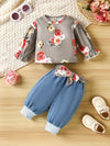 A Set of Two Cute Girl Floral Print Tops with Ruffled Long Sleeves And Round Neck, Paired with Light-Wash Blue Drawstring Cuffed Jeans Featuring a Floral Tie Design FD6139F