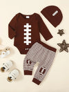 3pcs Newborn Boys Football Outfit Set, Long Sleeve Cotton Crew Neck Pullover with Geometric Pattern Striped Pants and Matching Hat, Casual Sports Theme Fall/Winter Clothing, for Outdoor BS6140G