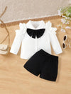 Girls' Summer Outfit - White Long Sleeve Ruffle-Sleeve Shirt with Bow Tie & Black Shorts, Casual Polyester Knit Fabric with Elastane, Solid Color 2pcs Set FD6124E