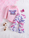 2 Pcs Baby's Cartoon Butterfly Print Ruffled Bodysuit & Trendy Bell-bottom Pants, Toddler & Infant Girl's Outdoor Clothing Set For Spring BS6101A