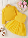 2pcs Baby's Cozy Comfort, Girls' Casual Floral Dress and Yellow Cardigan Set - Long Sleeve, Polyester, Round Neck, Non-Transparent, Knit Fabric - Perfect for Spring/Fall FD6102G