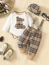 Newborn Boy's Clothes Long Sleeve Triangle Ha Clothes + Plaid Diaper Pants + Hat Three-piece Pants Set Bear Plaid Embroidery Pattern with Bow Small Bow Tie Decoration Cute Casual Comfortable Romper BS6105G