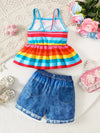 Girls' Rainbow Striped Suspenders Top and Imitation Denim Shorts Set, Perfect for Outdoor FD6124D
