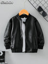 1pc Donabebe Boys' Fashion Black Leather Jacket, Casual Style, Zipper Closure, Polyester Material, Non-Textile Weave, Lapel Collar, Conventional Contour HJ6209F