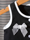2pcs/set Youngsters' Bowknot Button Round Neck Black Sleeveless Vest and Pleated Skirt Knit Set for Commuting, School, Casual, Vacation, Sports, Party, Spring and Summer FD6121B