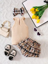 Baby's Stylish Suit Halter Top & Layered Plaid Skirt & Headband Set Outdoor Set BS6101H