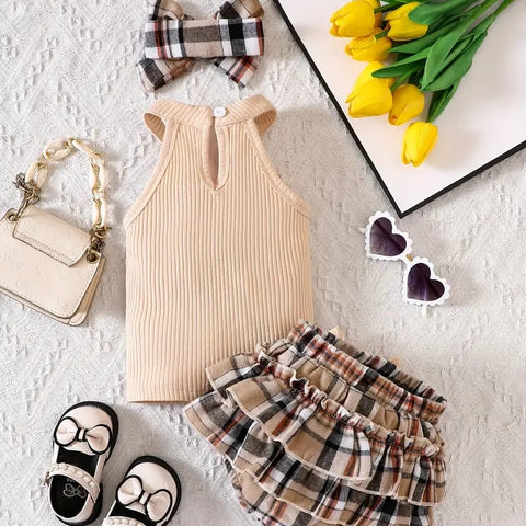 Baby's Stylish Suit Halter Top & Layered Plaid Skirt & Headband Set Outdoor Set BS6101H