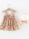 2pcs Set Summer Fashion Floral Print Sleeveless Dress and Matching Hat for Baby Girls, Cute Polyester Beach Dress with Bow Detail and Wide Hem, No Sling, Regular Fit FD6124C